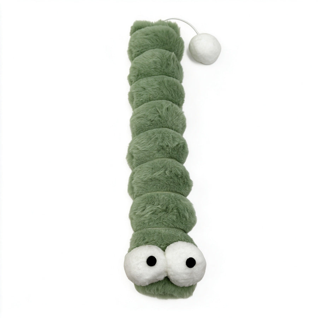 Green fuzzy caterpillar-shaped cat toy with large eyes and a pom-pom tail