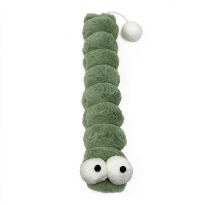 Green fuzzy caterpillar-shaped cat toy with large eyes and a pom-pom tail