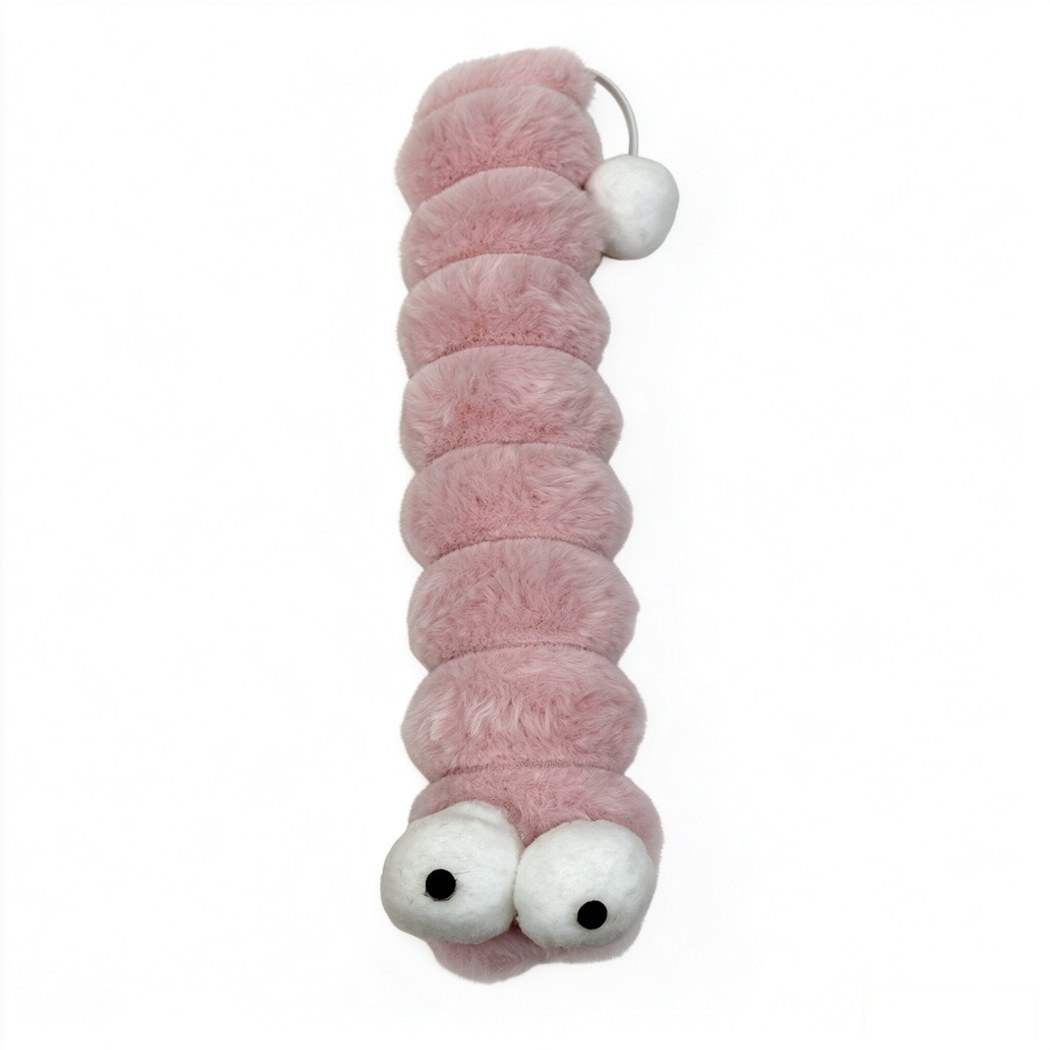 Pink fuzzy caterpillar-shaped cat toy with large eyes and a pom-pom tail