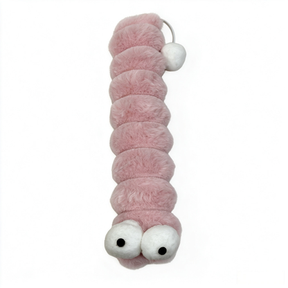 Pink fuzzy caterpillar-shaped cat toy with large eyes and a pom-pom tail
