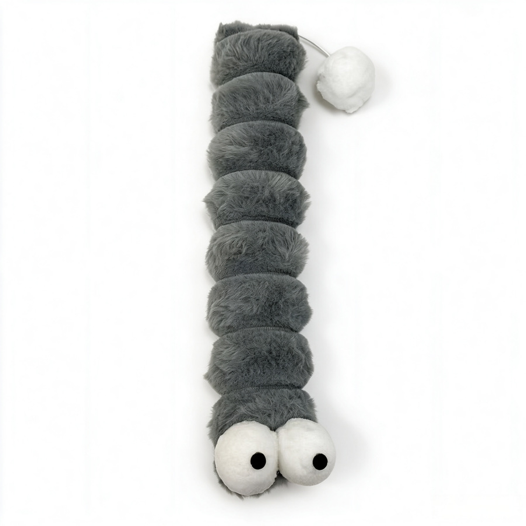 Gray fuzzy caterpillar-shaped cat toy with large eyes and a pom-pom tail