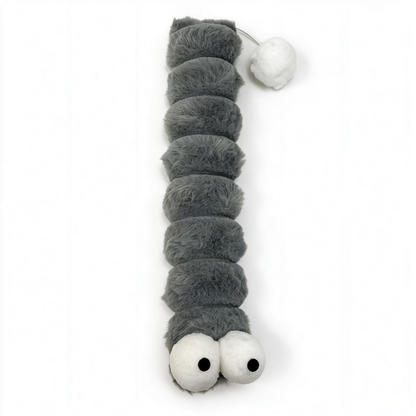 Gray fuzzy caterpillar-shaped cat toy with large eyes and a pom-pom tail