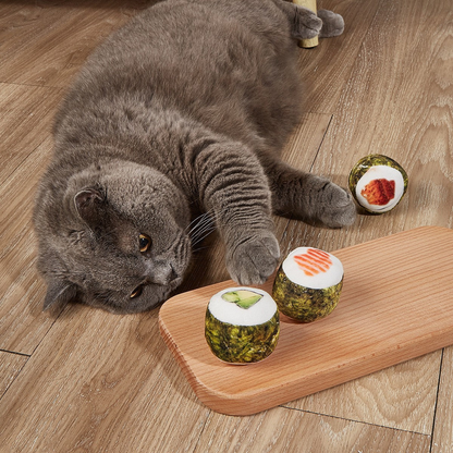 Cat playing beside three sushi roll toys
