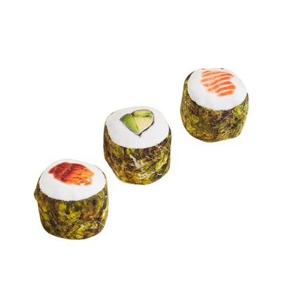 Three sushi roll cat toy styles on a white background
