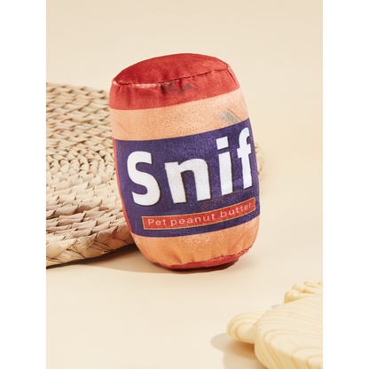 Peanut Butter can-shaped cat toy with fuzzy surface and stitched edges