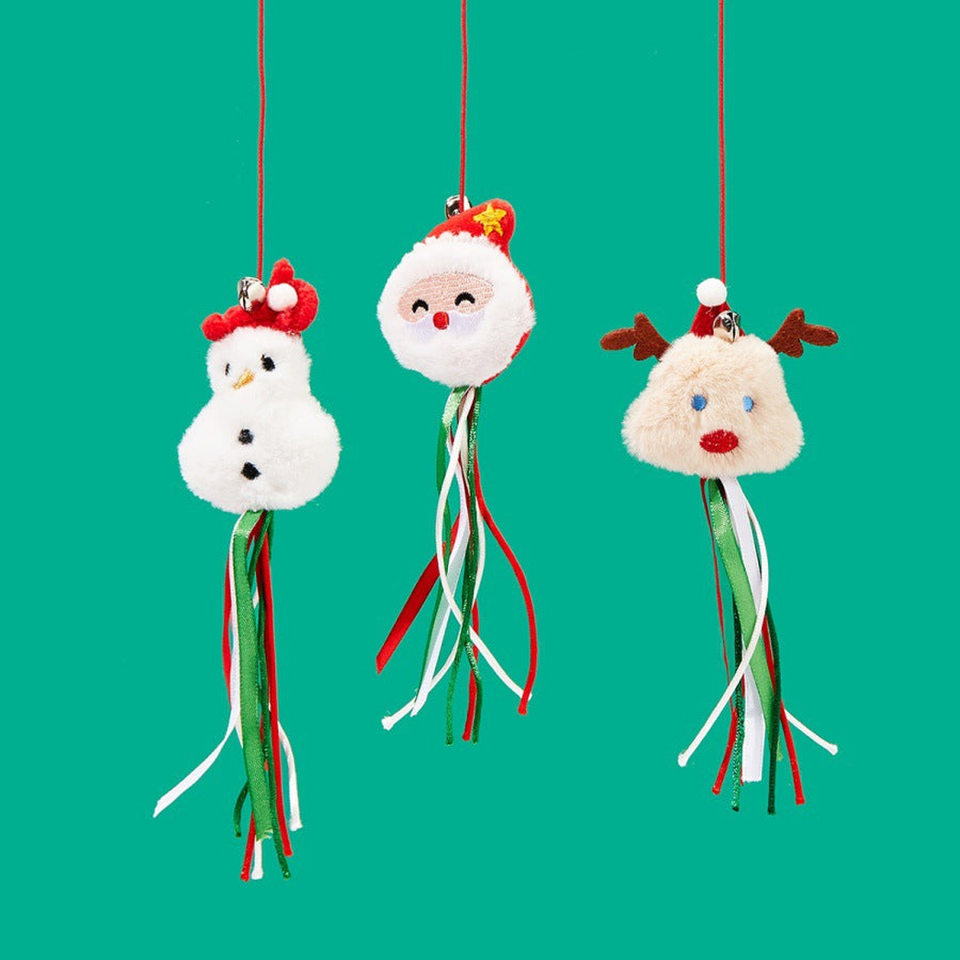 Snowman, Santa Claus, and reindeer hanging cat toys with ribbon tassels