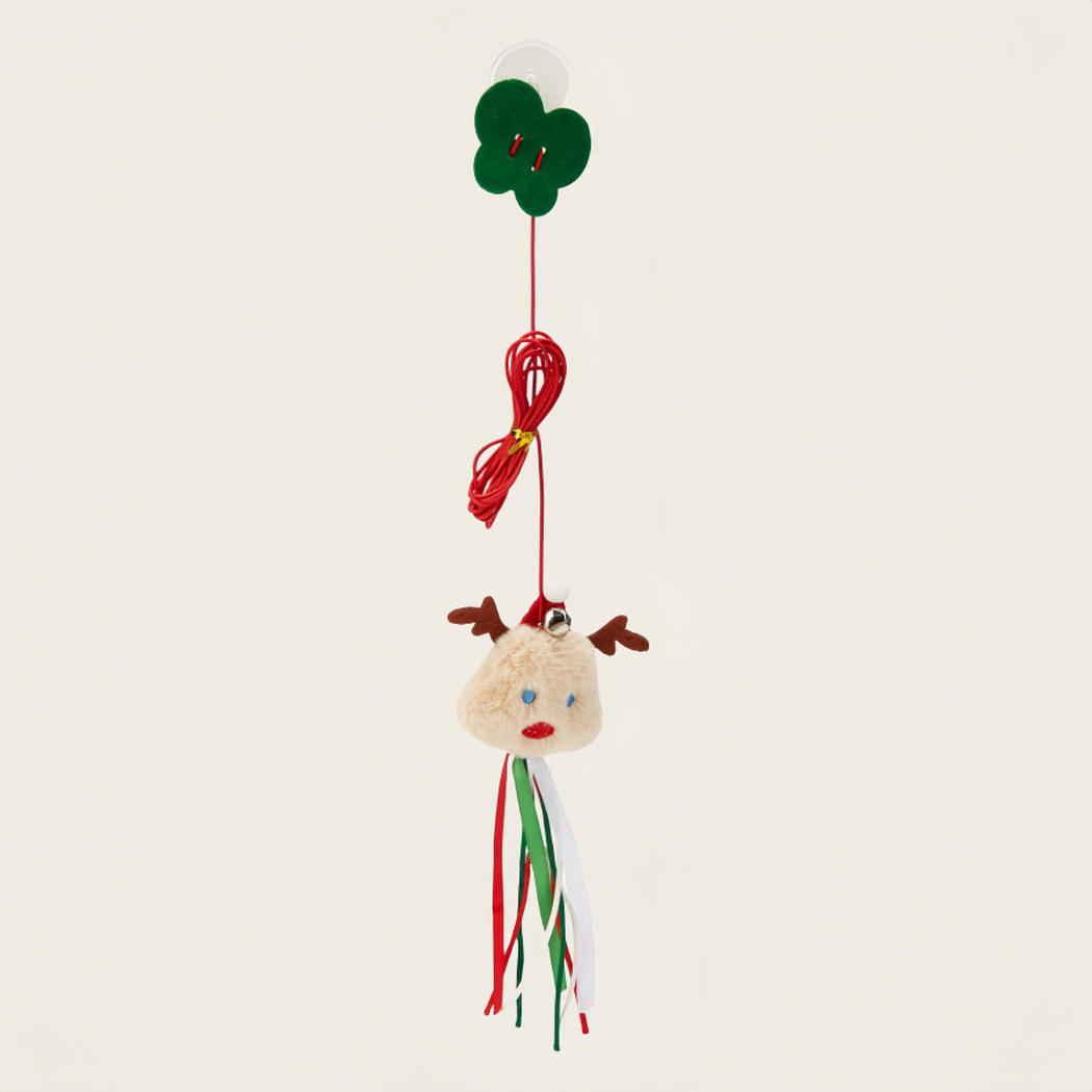 Reindeer suction-cup hanging cat toy with ribbon tassels
