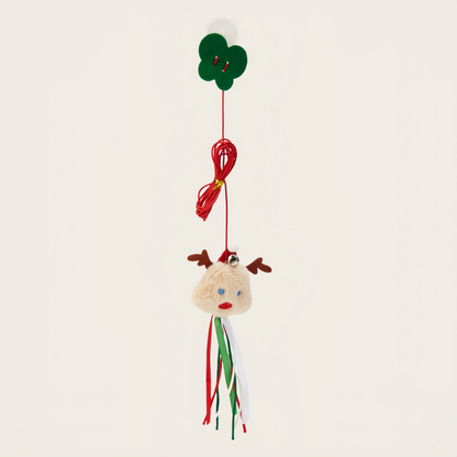 Reindeer suction-cup hanging cat toy with ribbon tassels