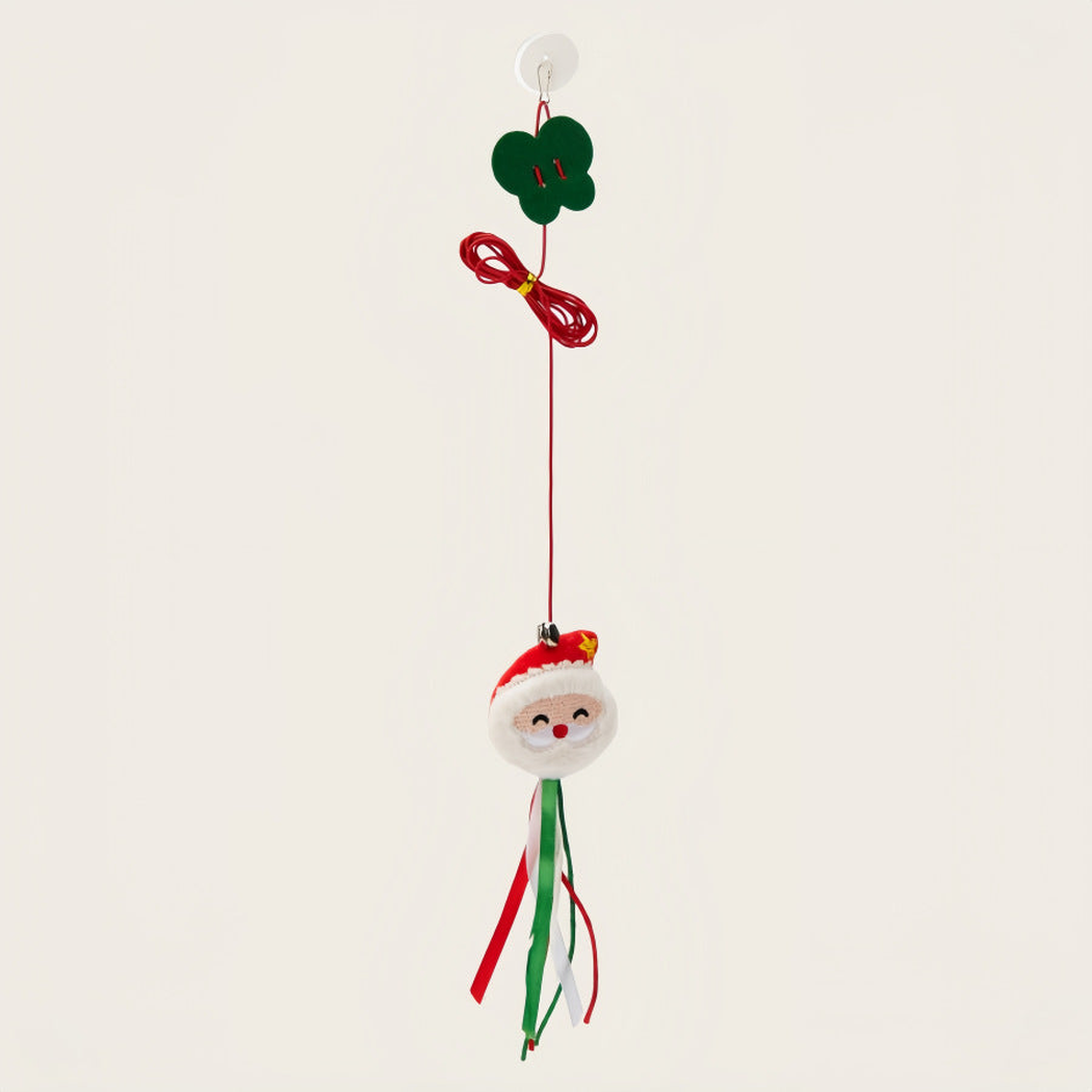 Santa Claus suction-cup hanging cat toy with ribbon tassels