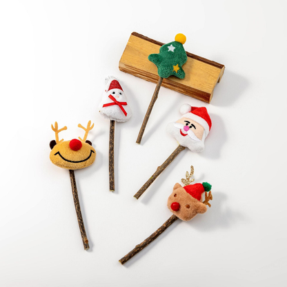 Five Christmas character stick cat toy styles arranged on a white background