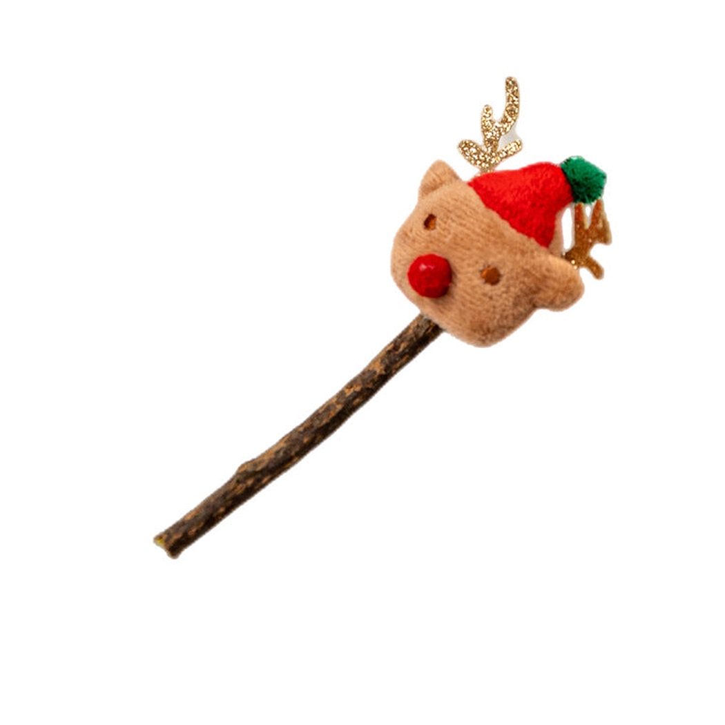 Santa Reindeer stick cat toy with red hat and antlers