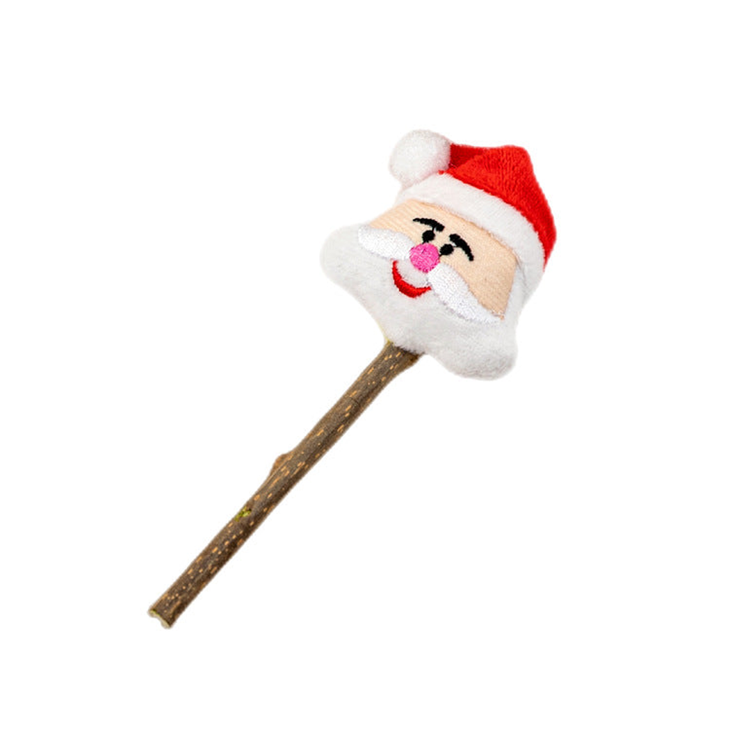 Santa stick cat toy with a red hat and white beard