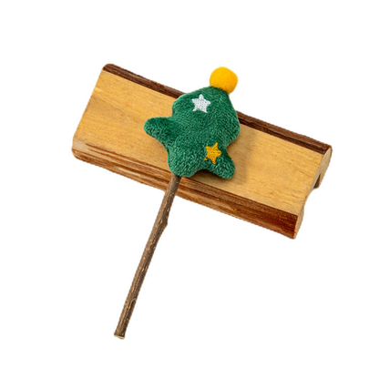 Christmas Tree stick cat toy with star accents and yellow pom-pom