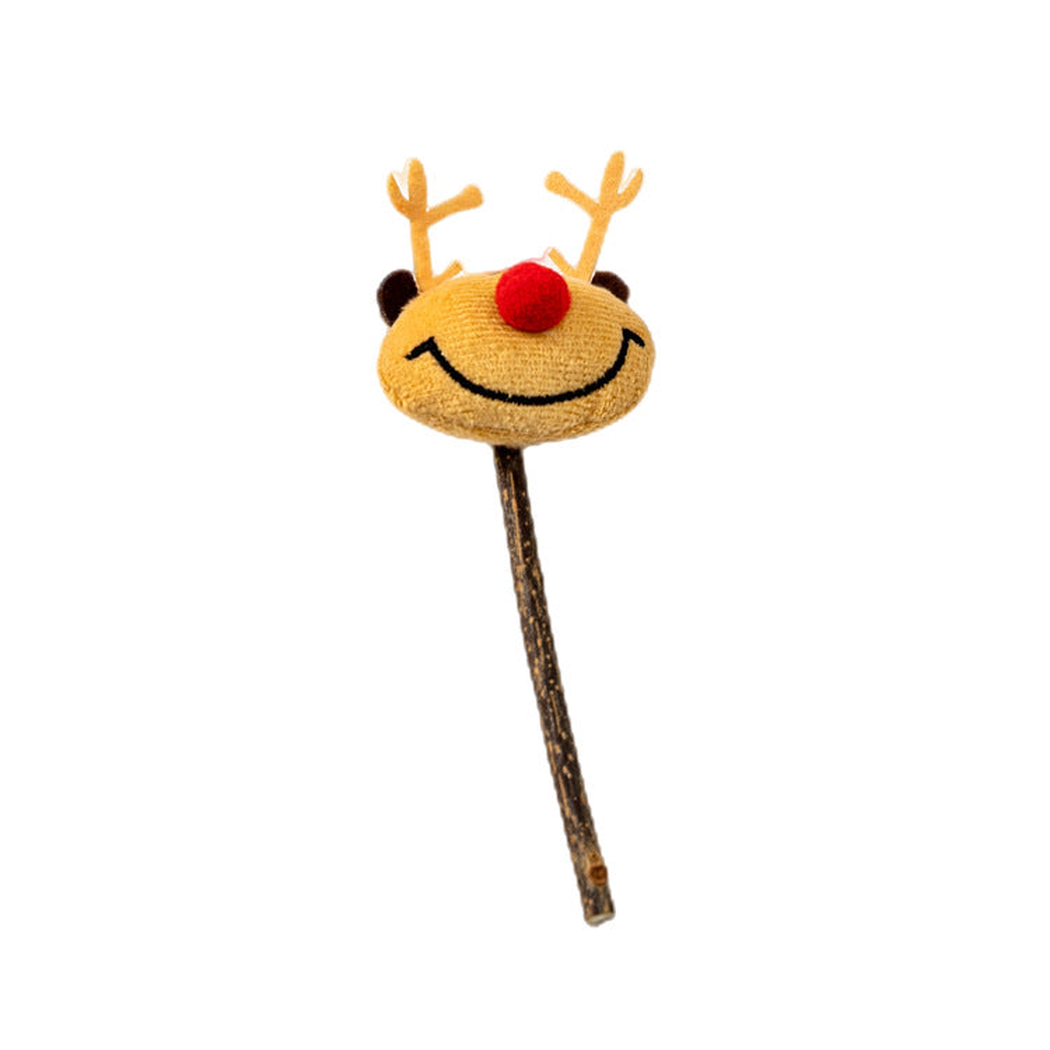 Red-Nosed reindeer stick cat toy with antlers and a smiling face