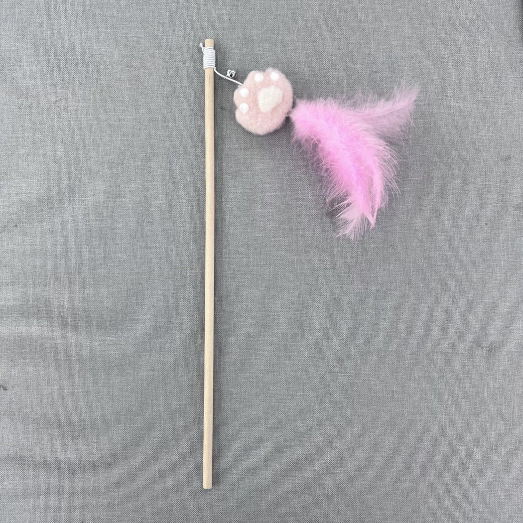 Pink paw cat teaser wand with bright pink feather tassel, full view