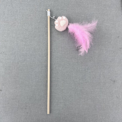 Pink paw cat teaser wand with bright pink feather tassel, full view