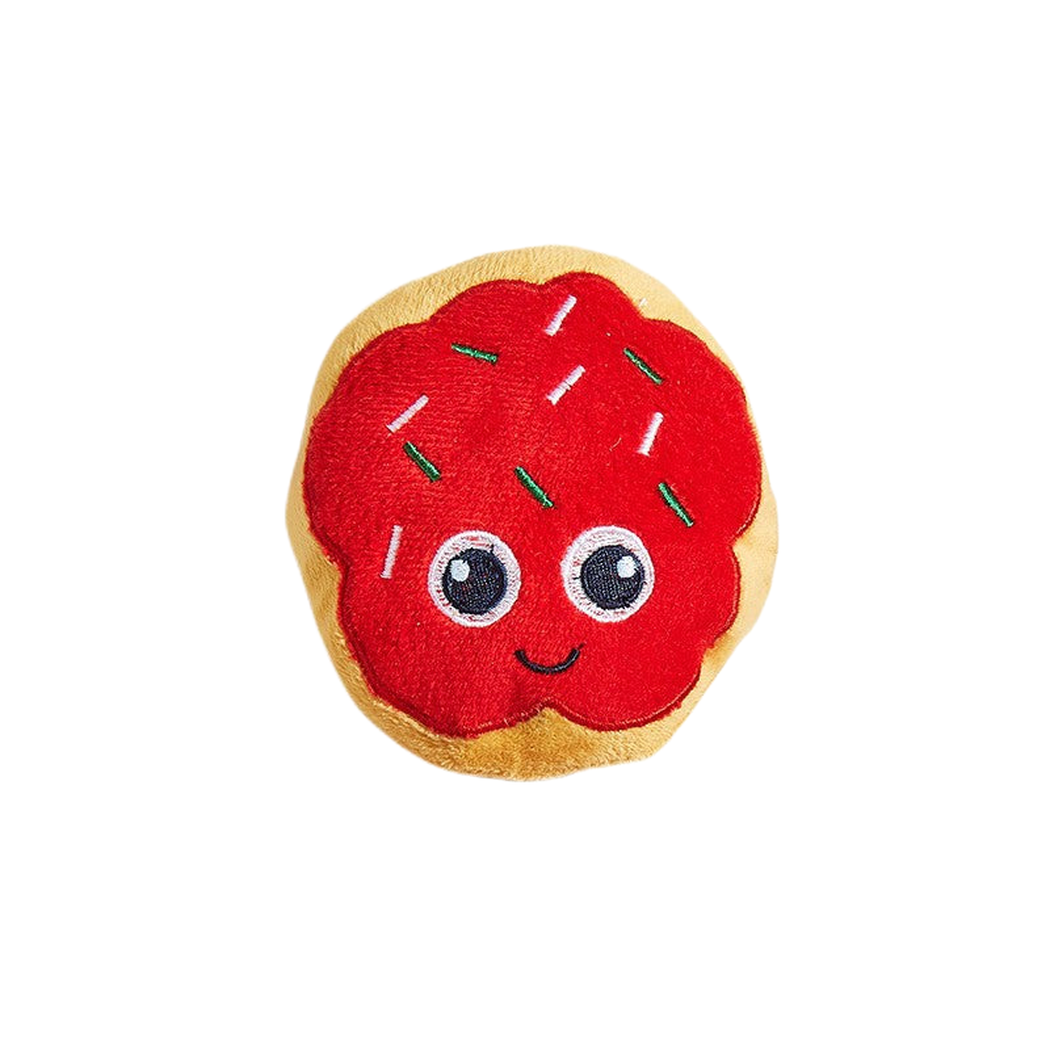 Red doughnut-shaped cat toy with embroidered face and sprinkle details
