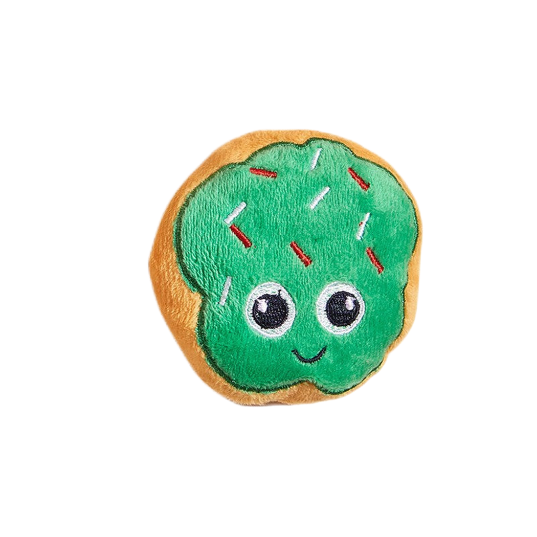 Green doughnut-shaped cat toy with embroidered face and sprinkle details