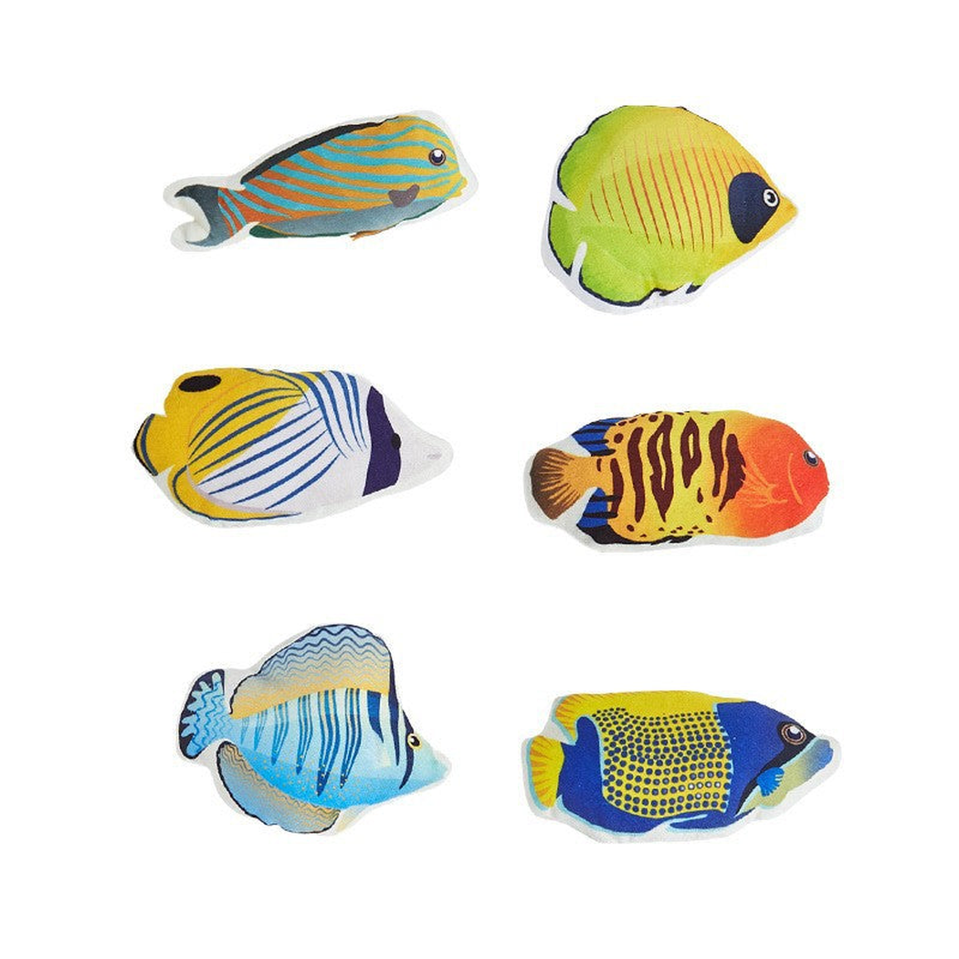 Six colorful fish-shaped cat toy styles on a white background