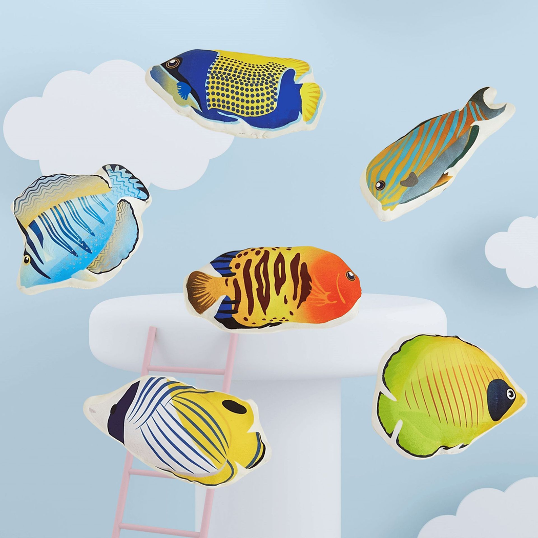 Six colorful fish-shaped cat toy styles arranged against a blue cloud backdrop
