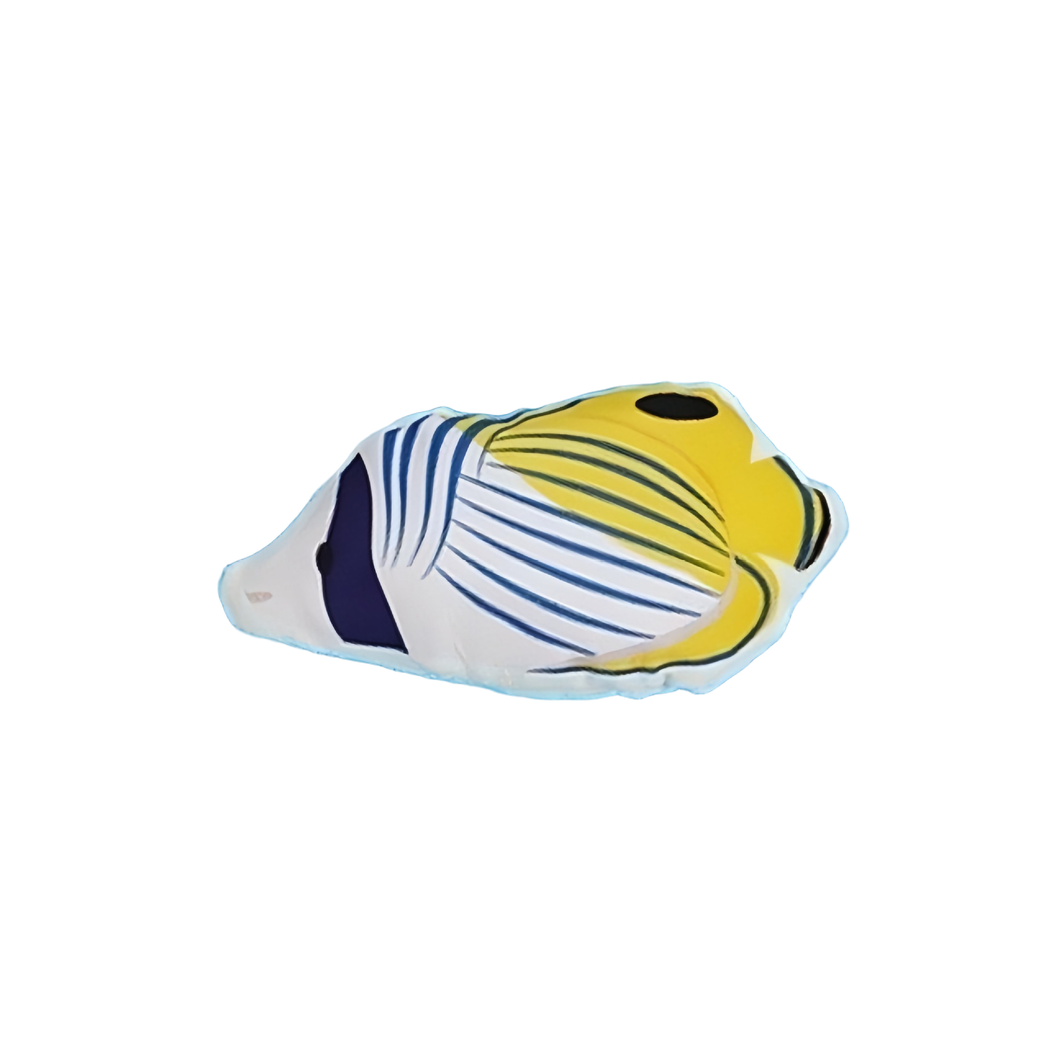 Curved Stripe fish-shaped cat toy in yellow, white and blue
