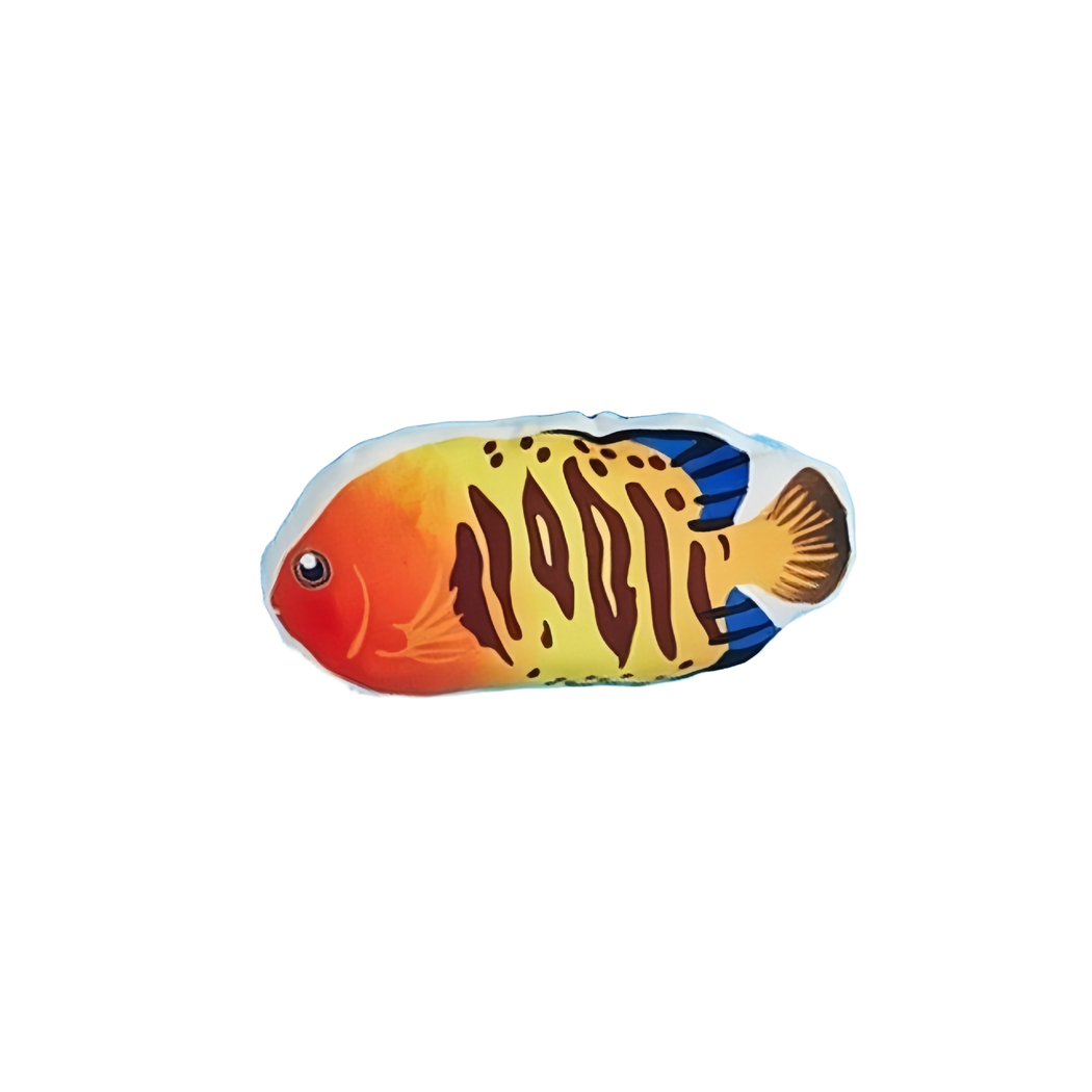 Brown Stripe fish-shaped cat toy in orange and yellow