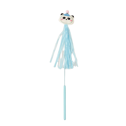 Panda cat teaser wand with blue ribbon streamers