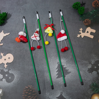 Four green Christmas cat teaser wands with hanging character ornaments