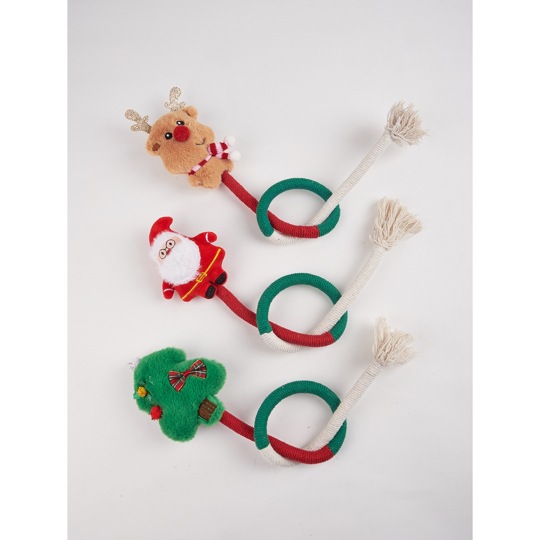 Reindeer, Santa Claus and Christmas Tree rope cat toys on a white background