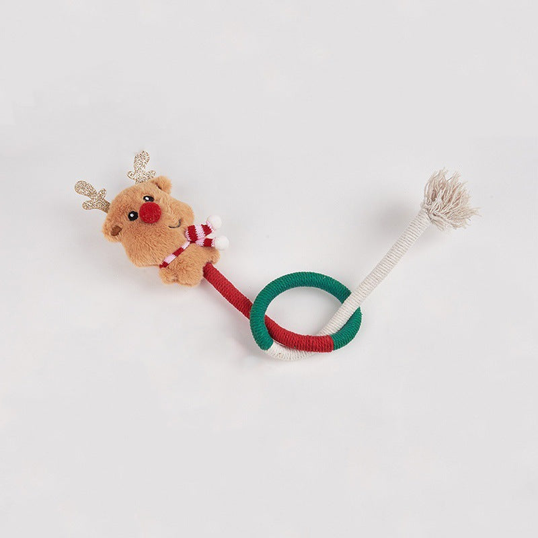 Reindeer rope cat toy with looped cord and tassel