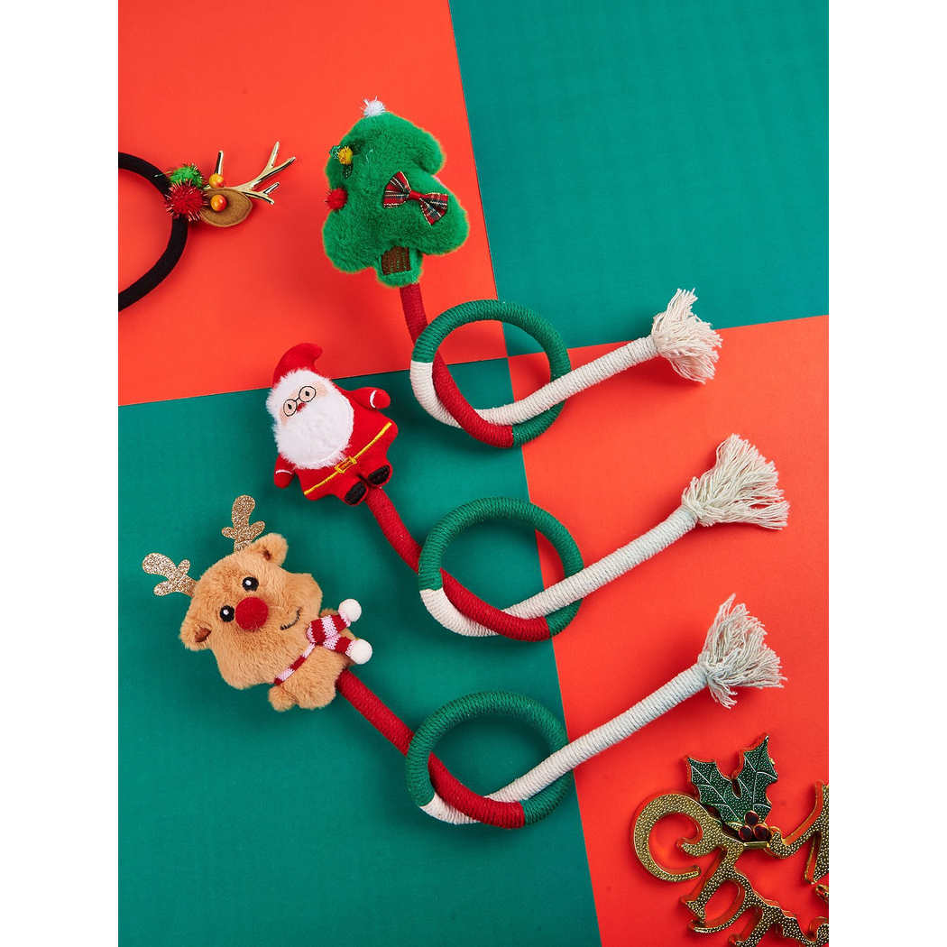 Reindeer, Christmas Tree and Santa Claus rope cat toys displayed together