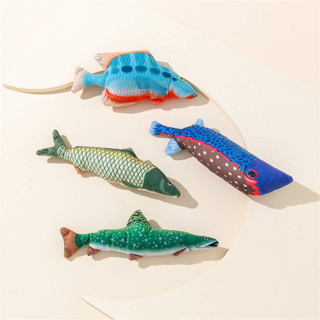 Four colorful fish-shaped cat toys arranged in an overhead display