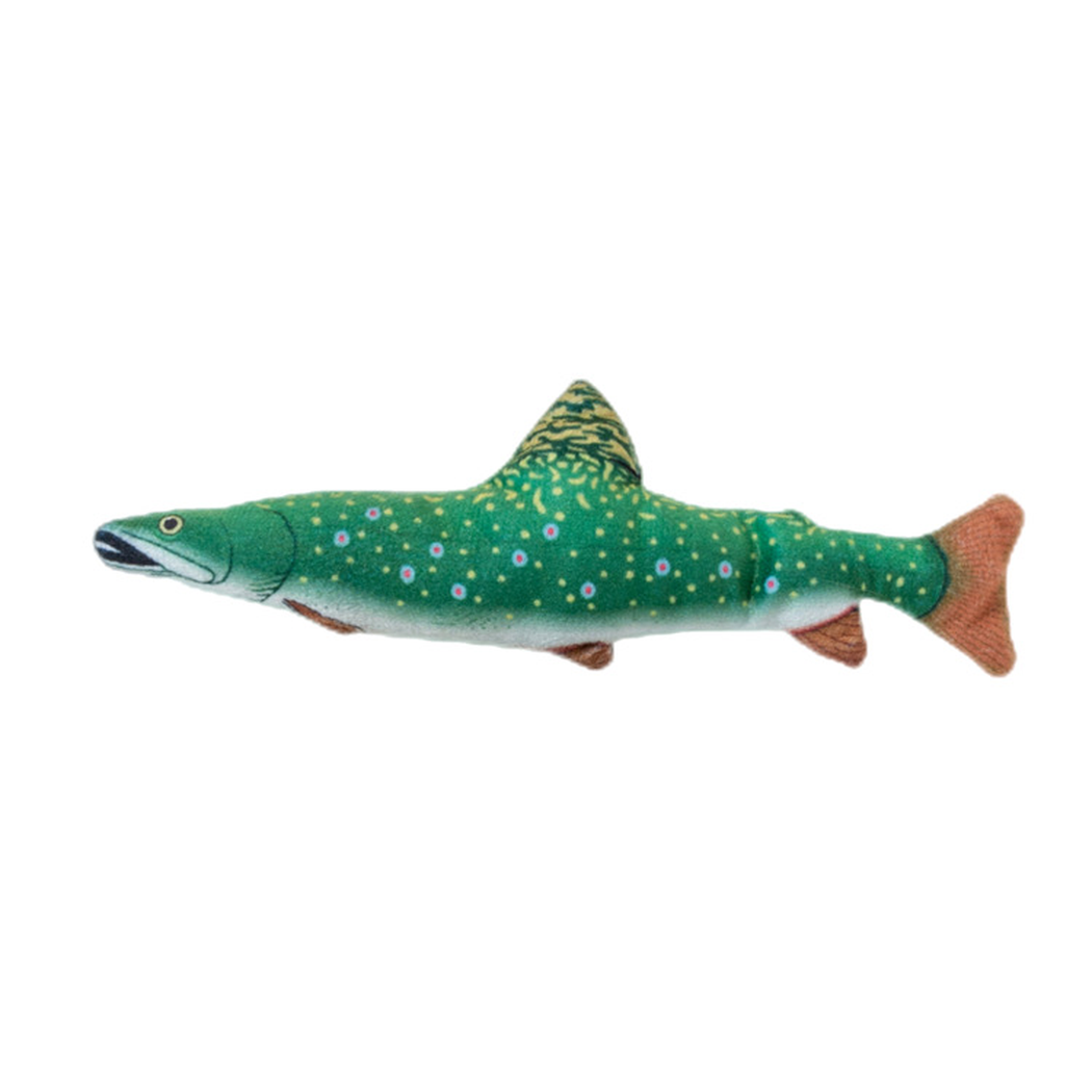 Green fish-shaped cat toy with yellow and pink spots, side view