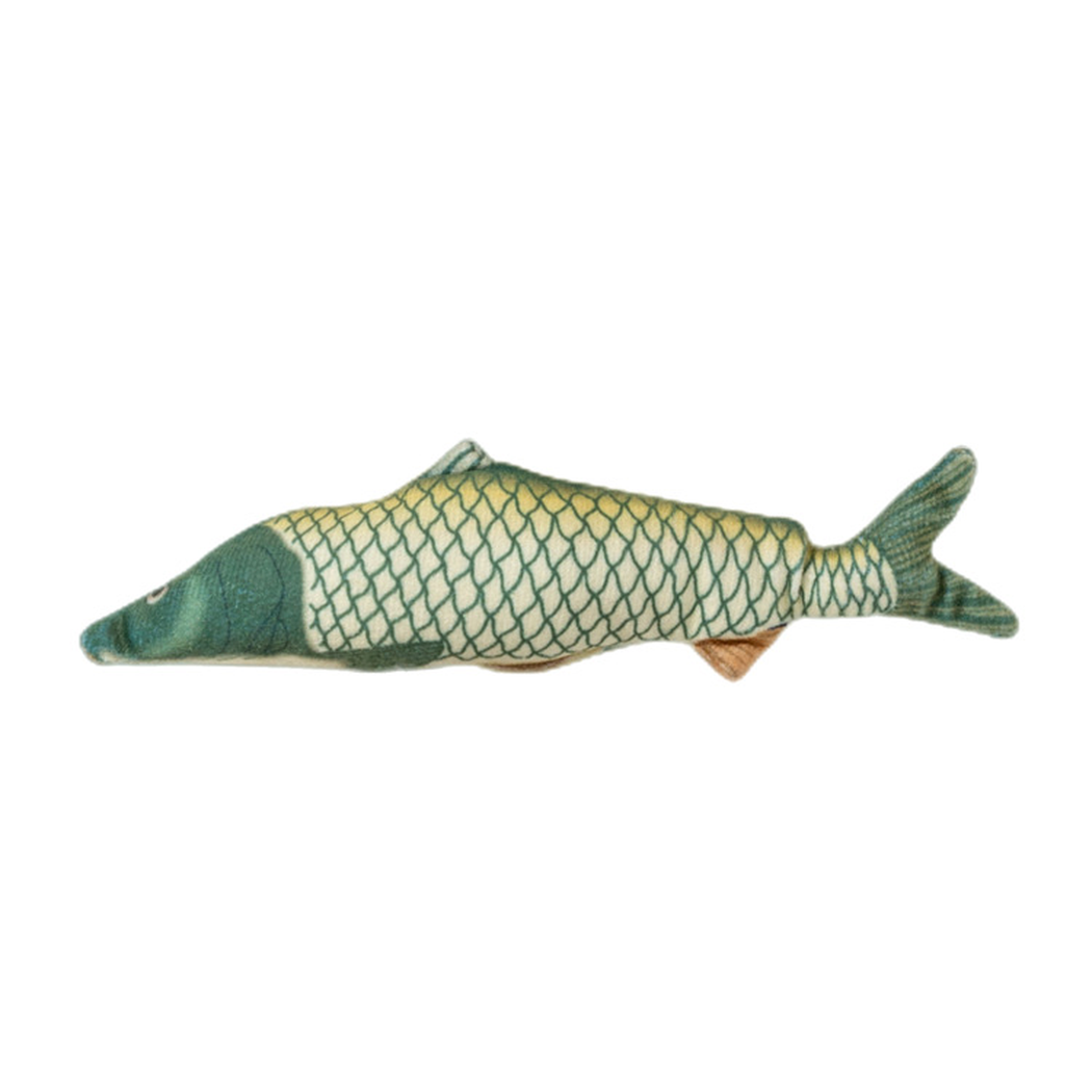 Beige fish-shaped cat toy with a dark green scale pattern, side view