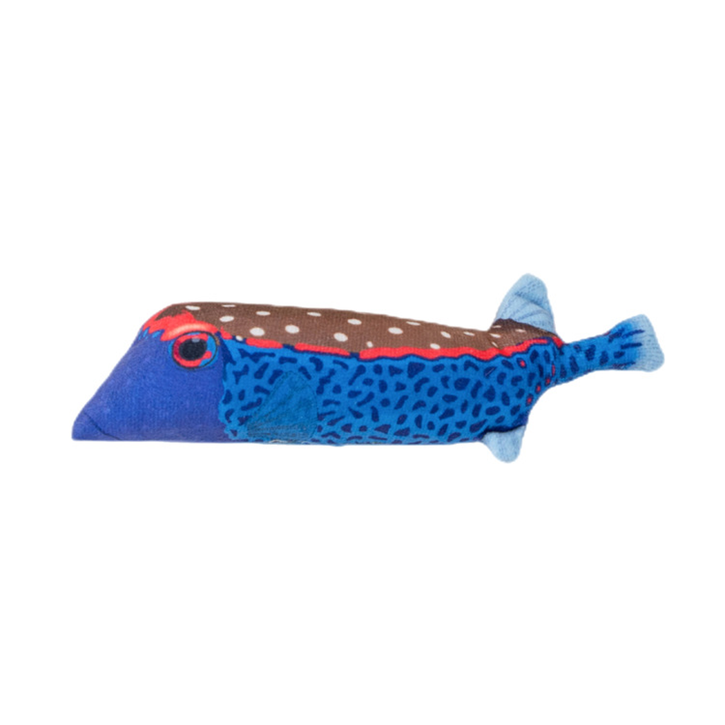 Blue fish-shaped cat toy with a brown spotted back and red trim, side view