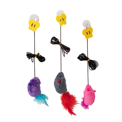 Gray, pink, and purple hanging mouse cat toys with suction cups