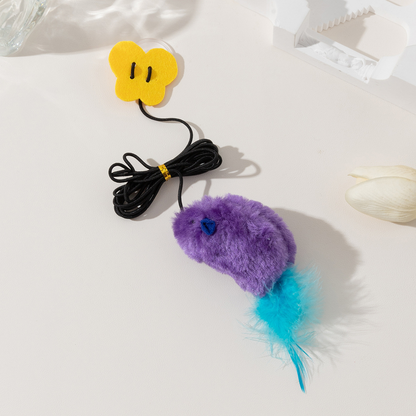 Purple hanging mouse cat toy with blue feather tail and suction cup