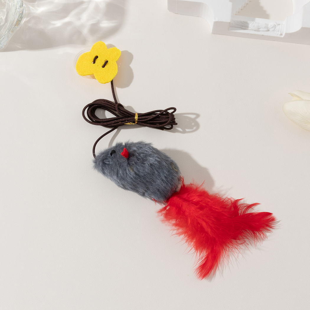 Gray hanging mouse cat toy with red feather tail and suction cup