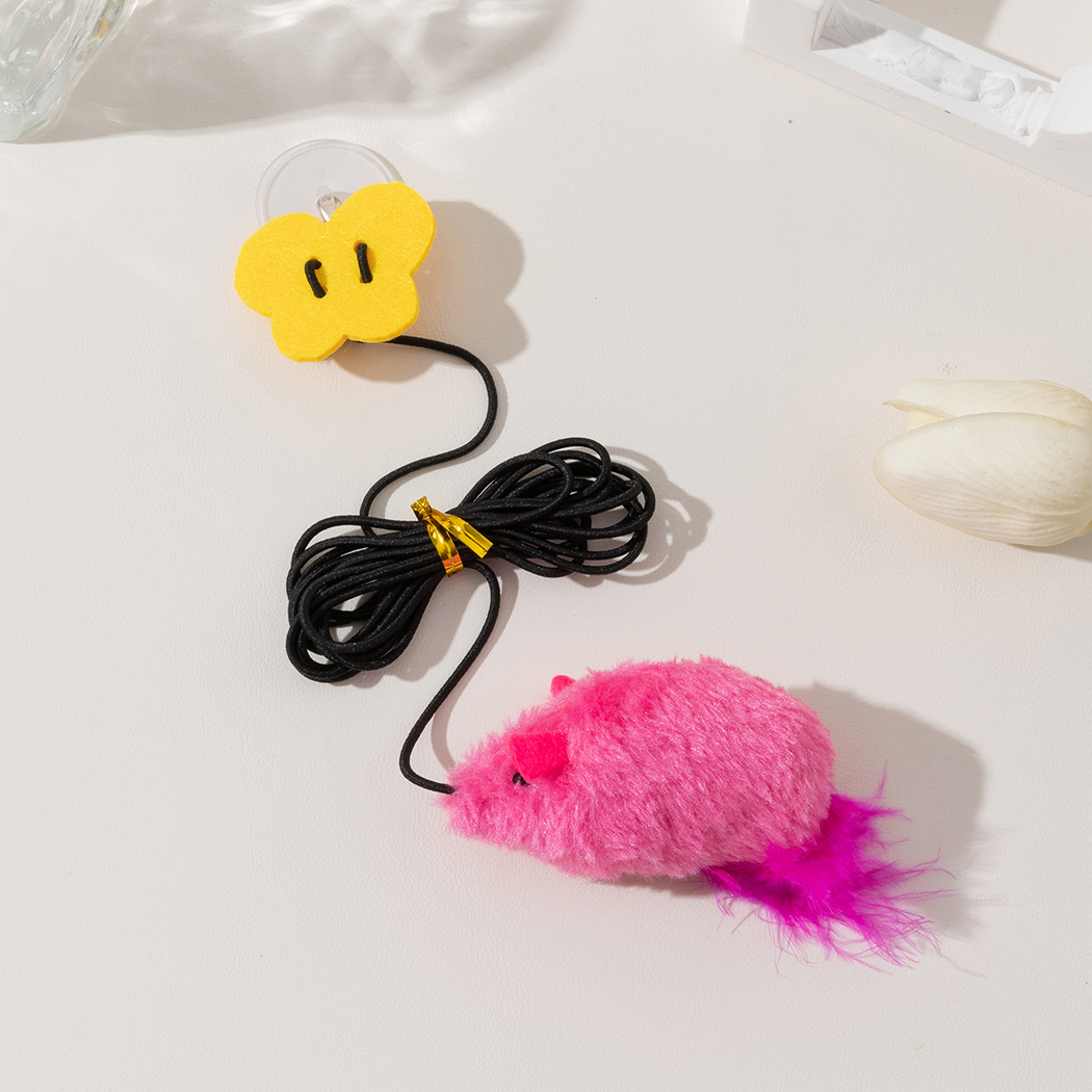 Pink hanging mouse cat toy with magenta feather tail and suction cup