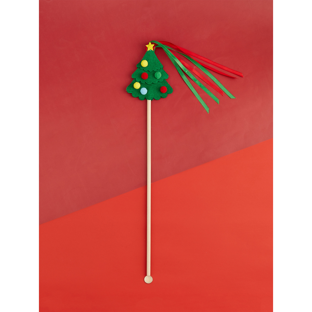 Green Christmas tree cat teaser wand with colorful round accents and ribbon streamers