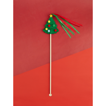 Green Christmas tree cat teaser wand with colorful round accents and ribbon streamers