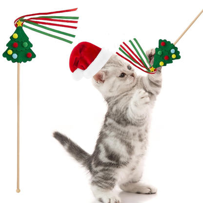 Christmas tree cat teaser wand displayed beside a cat at play