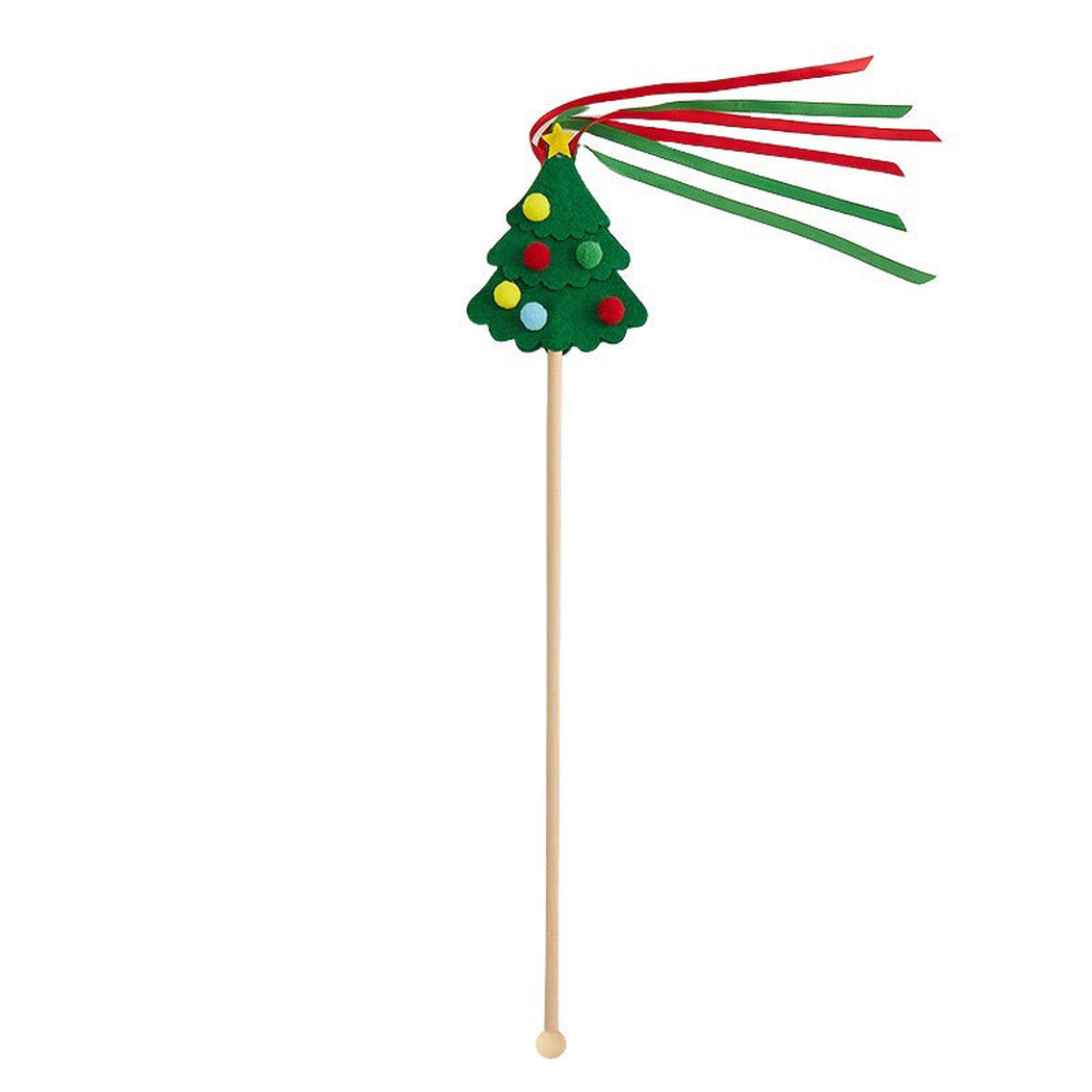Christmas tree cat teaser wand with colorful accents and ribbon streamers