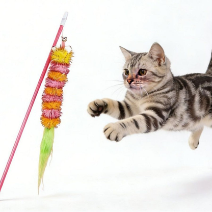 Cat reaching toward a pink caterpillar teaser wand