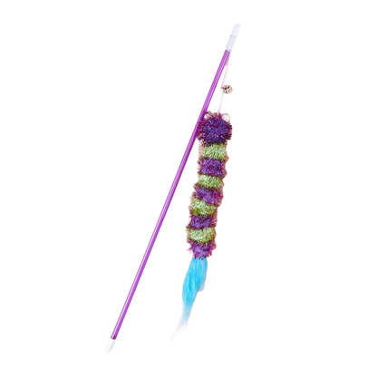 Purple caterpillar cat teaser wand with blue feather tail