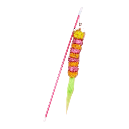 Pink caterpillar cat teaser wand with green feather tail