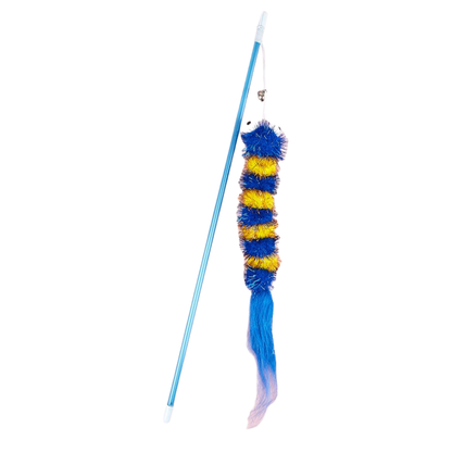 Blue caterpillar cat teaser wand with blue feather tail