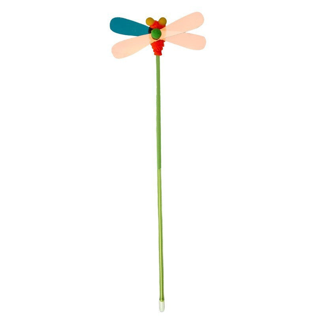 Multicolor dragonfly-topped cat toy wand on a white background