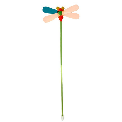 Multicolor dragonfly-topped cat toy wand on a white background