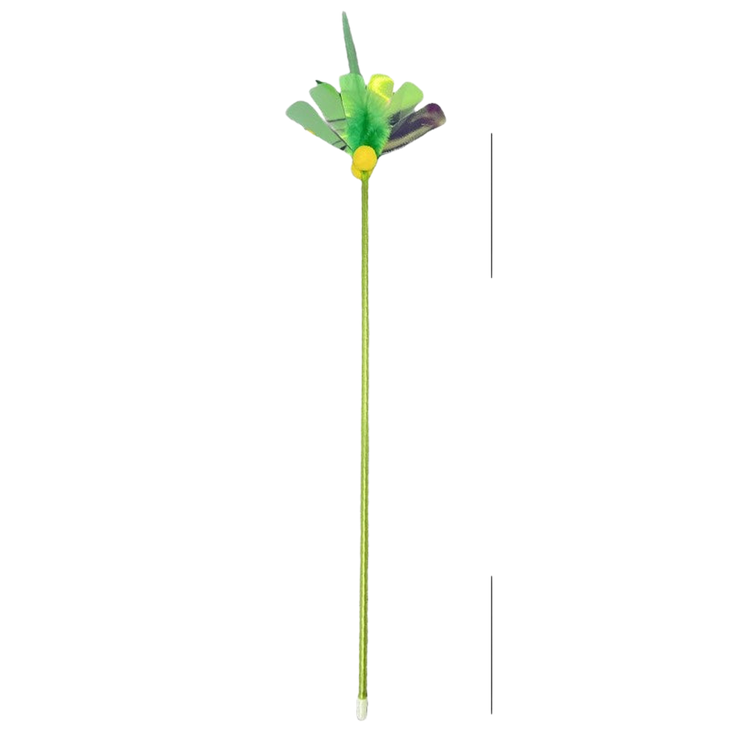 Multicolor fan-topped cat toy wand on a white background
